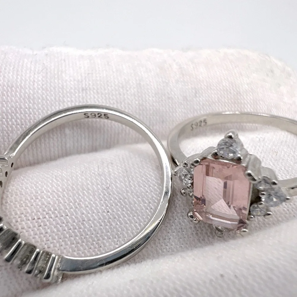 .925 Sterling Silver Light Morganite Cz & Clear Cz 2 PC Ring Set - Picture 16 of 17